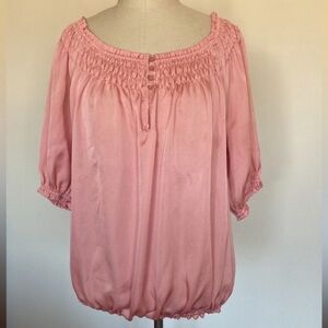 Short sleeved pink boho peasant blouse, shirred neckline, S